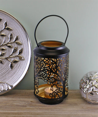 Small Tree Of Life Cutout Design Black Candle Lantern